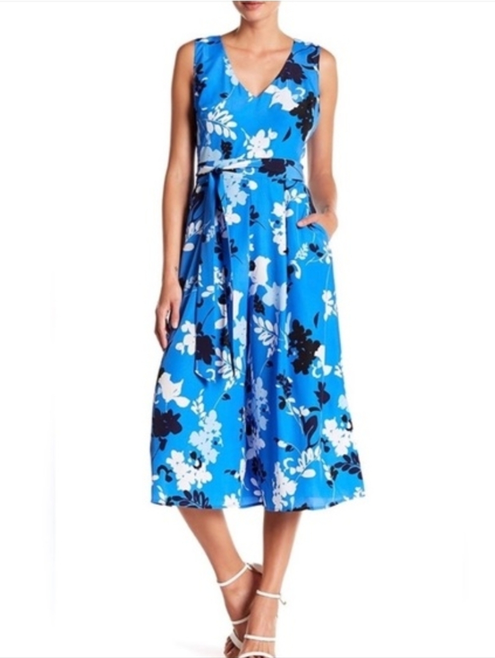 Vince Camuto Bright Blue Floral V-Neck Tie-Waist Jumpsuit - Size L